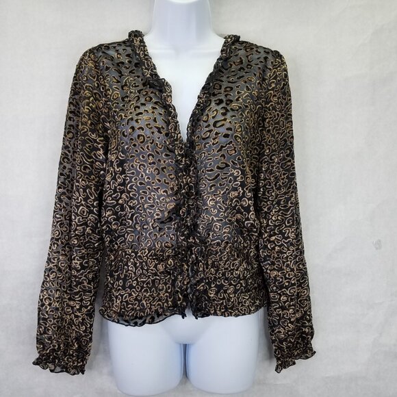 Vintage Havana Ruffle Blouse Women's M Velvet Burnout Sheer Leopard Smocked Back - Picture 1 of 16